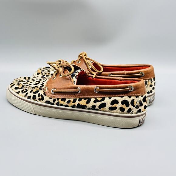 Sperry Shoes Women 7.5 Brown Leather Calf Hair Top Sider Leopard Print Boat Deck - Picture 6 of 13